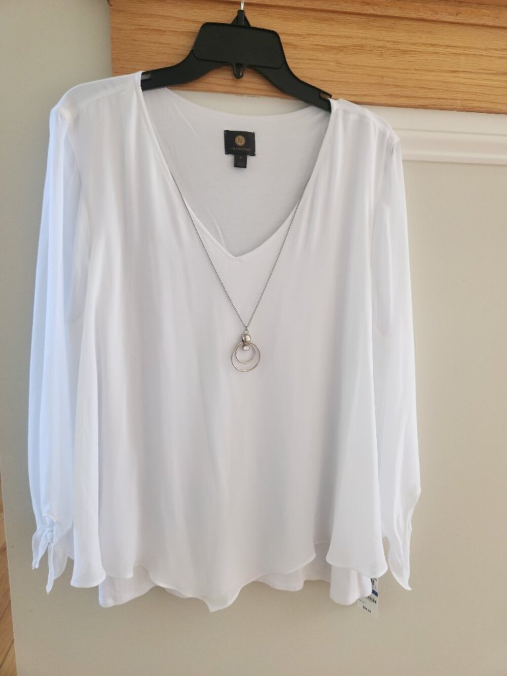 Women's Blouse Tie Sleeve Necklace Top Bright White Size XL